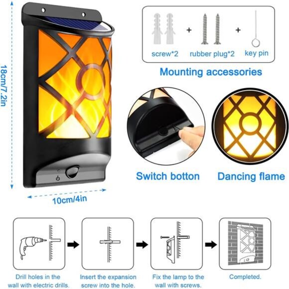 Solar Flame Lights Wall Mount Lanterns - Picture 2 of 7